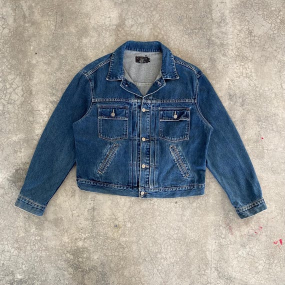 Vintage 90's RRL Ralph Lauren Buckle Back Pleated Denim Jacket XL