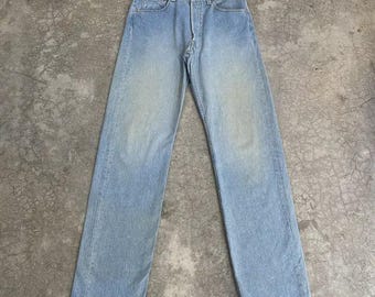 Size 32x33.5 Vintage 90's Levi's 501 Faded Light Blue Denim Distressed Pale Blue Jeans