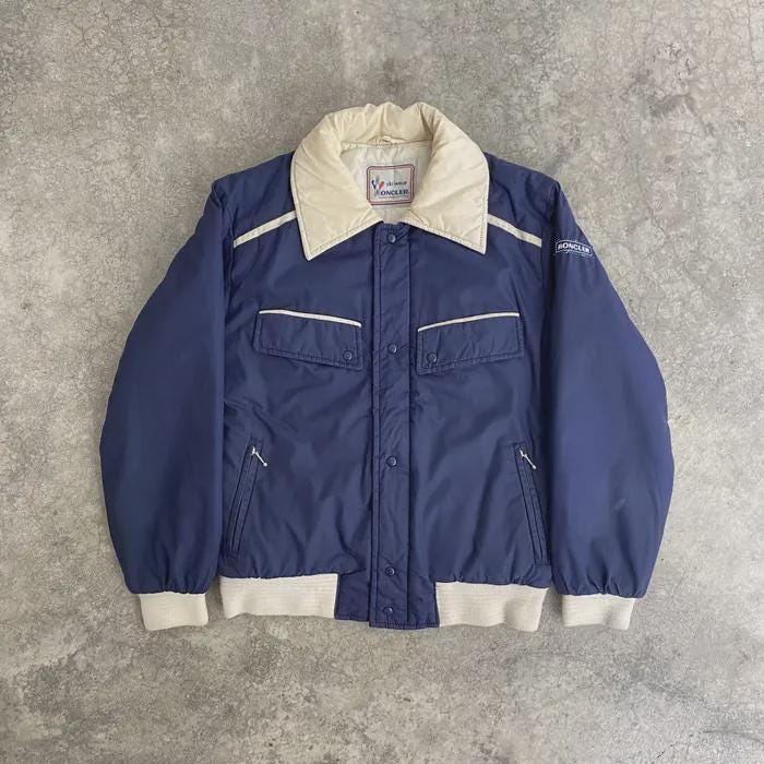 Moncler, Vintage 90's Moncler Bomber Jacket Tagged Large Two Tone Navy Blue Cream Ski Wear Padded Puffer Winter Coat Retro Skiwear Unisex