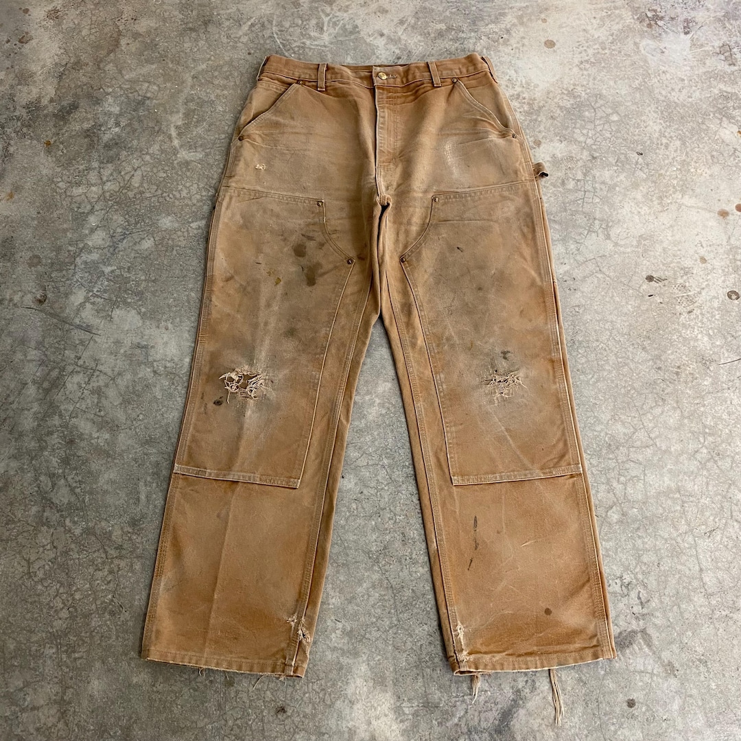 Size 34x30 Thrashed Carhartt Double Knee Faded Beige Dirty