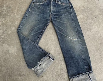 Size 29x29.5 Vintage Pherrow’s Stormy Blue Japan Faded Blue Denim Distressed Ripped Selvedge Jeans