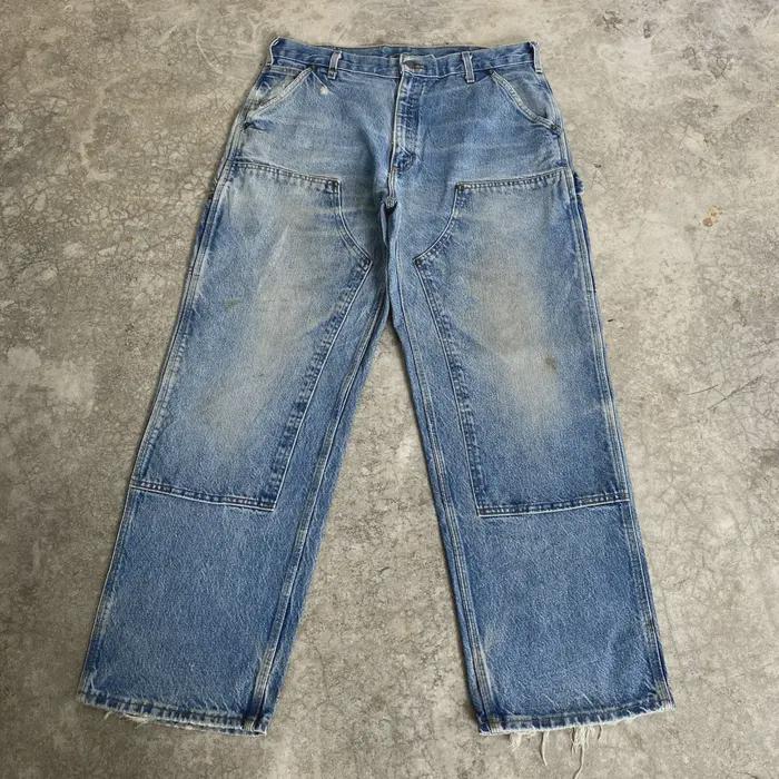 Size 36x30 Vintage Carhartt Double Knee Faded Blue Denim Carpenter Workwear Distressed Dirty Jeans