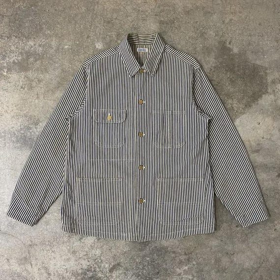 Sugar Cane, Vintage Sugar Cane Hickory Striped Denim Coat 4 Pocket Barn Workwear Chore Denim Worker Jacket Size 38