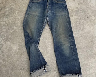 Size 32x32.5 Vintage 90’s Denime Orizzonti Japan Faded Blue Denim Selvedge Distressed Repaired Jeans