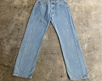 Size 32x31.5 Vintage Late 90’s Levis 501 Light Blue Distressed Thrashed Denim Jeans