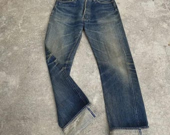 Size 30x33.5 Vintage 90’s Denime Orizzonti Faded Blue Denim Selvedge Distressed Jeans