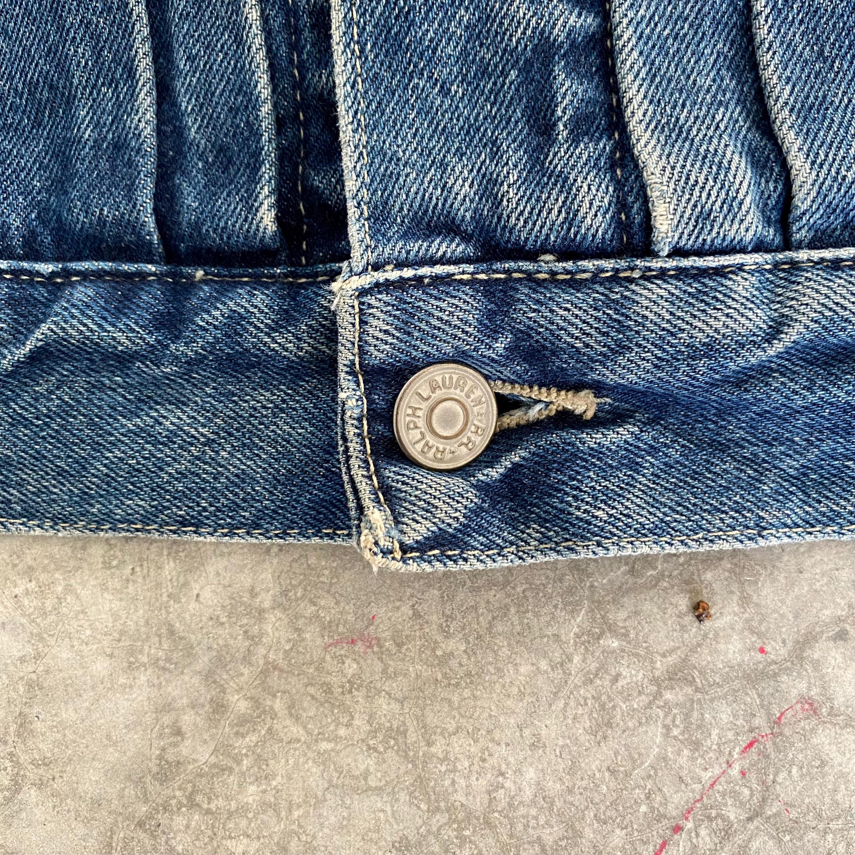 Vintage 90's RRL Ralph Lauren Buckle Back Pleated Denim Jacket XL