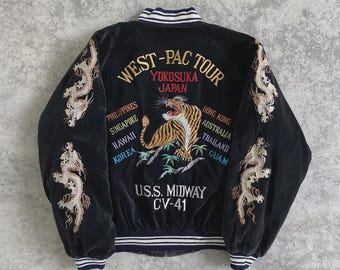 Vintage West Pac Tour Velvet Black Sukajan Yokosuka Japan Souvenir Jacket Size Medium