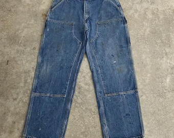 Size 38x31.5 Vintage Carhartt Double Knee Faded Blue Workwear Carpenter Work Stained Denim Jeans