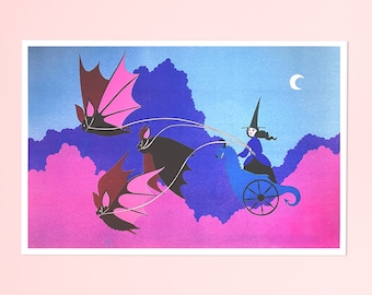 Witch in Bat Chariot Risograph Print