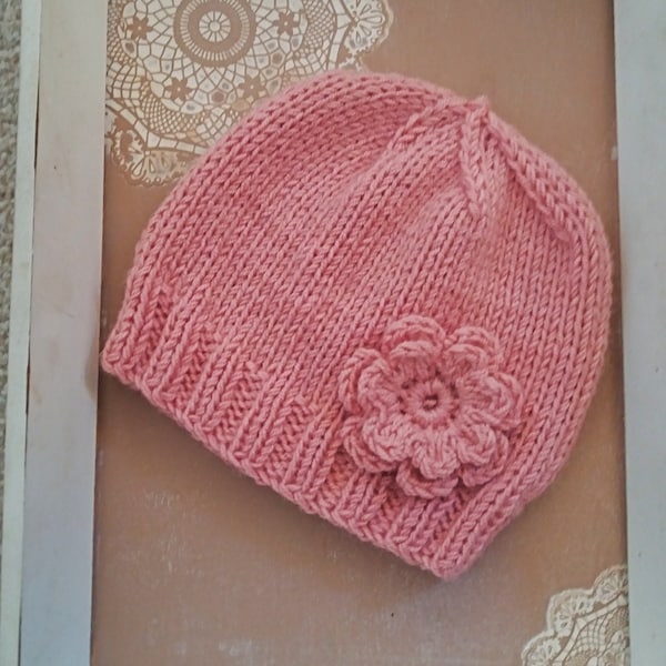 Baby Hat Pattern, Baby Hat with Flower Pattern, Baby Knit Hat Pattern, Easy Knitting Pattern, Crochet Flower