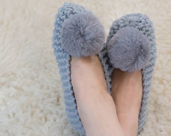 Chunky Slippers, Knit Slippers, 5+1 Free, Funny slippers, Knit Socks, Slippers with Pompom, Women Slippers, Knit Flats, Gift Wrapping