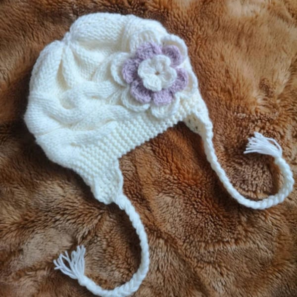 Cable Hat Pattern, Hat with Earflaps Pattern, Baby Hat with Flower Pattern, Baby Knit Hat Pattern, size 6 months to adult