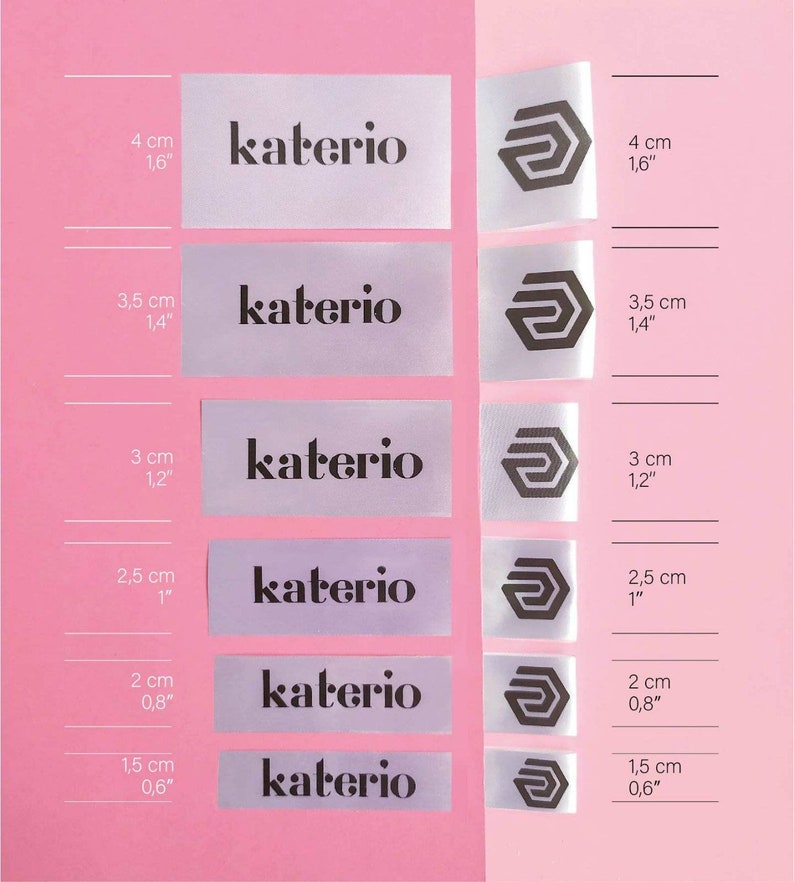 May include: Six white satin labels with the text "katerio" in black lettering and a black logo of a stylized letter "G" in a hexagon. The labels are arranged in a column from largest to smallest, with measurements in inches and centimeters listed next to each label.