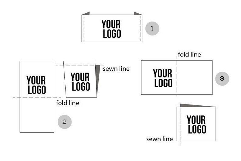 May include: Diagram showing how to fold and sew a fabric label with the text "YOUR LOGO" printed on it. The label is folded in half and sewn along the edge. The finished label has the text "YOUR LOGO" visible on the front.