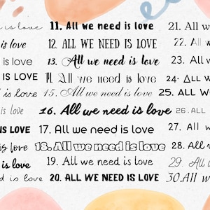 May include: A colorful graphic design with the phrase "All we need is love" repeated 30 times in different fonts and sizes. The background is a mix of peach, light blue, and yellow.