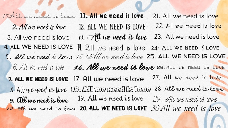 May include: A colorful graphic design with the phrase "All we need is love" repeated 30 times in different fonts and sizes. The background is a mix of peach, light blue, and yellow.