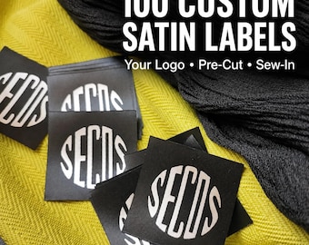 100 pcs Custom Black Labels, Clothing Labels: Silver, Gold or White ink,  Satin Logo Tags