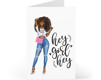 May include: A greeting card featuring a digital illustration of a woman with curly brown hair wearing a white t-shirt with the text "Sassy Boss" and blue jeans. The woman is holding a pink purse and has a pink phone in her hand. The text "hey girl hey" is written in black cursive on the card.