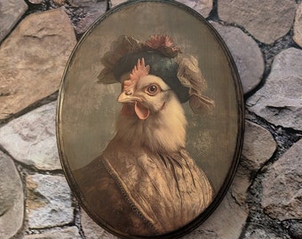 Miss Chicken Victorian Portrait - Vintage Style Cottagecore Farm Animal Wall Art - Wooden Decor Plaque Sign - Handmade photo transfer
