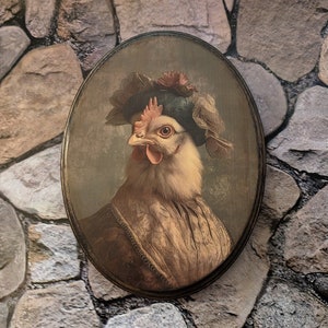 Miss Chicken Victorian Portrait - Vintage Style Cottagecore Farm Animal Wall Art - Wooden Decor Plaque Sign - Handmade photo transfer