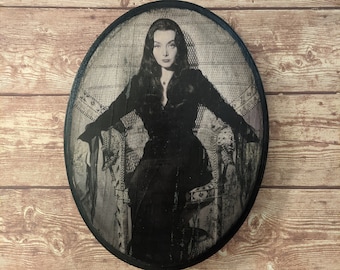 Morticia Addams - The Addams Family - Carolyn Jones - Wood Portrait Wall Plaque - Handmade wood ink transfer