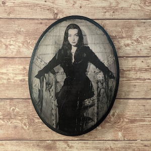 Morticia Addams - The Addams Family - Carolyn Jones - Wood Portrait Wall Plaque - Handmade wood ink transfer