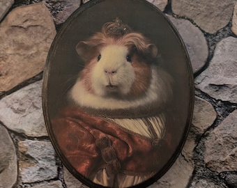Meerschweinchen Meerschweinchen Tiara Viktorianisches Porträt - Vintage Stil Tier Meerschweinchen Wandkunst - Holzdekor Plakette Schild - Handgemachter Fototransfer