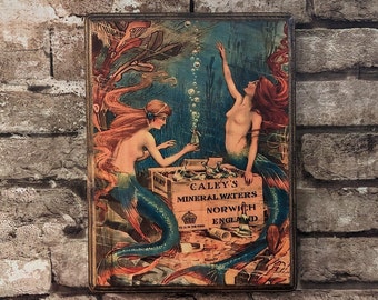 Mermaid Caley's Mineral Water Advertisement Ad Wooden Wall Plaque Sign - Bathroom Wall Décor Art - Handmade Wall Art