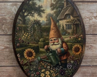 Garden Gnome Watering Plants Gardening Wooden Wall Art - Handmade Wood Plaque Sign - Cottagecore Woods Forest Wall Art Gnomes Vintage