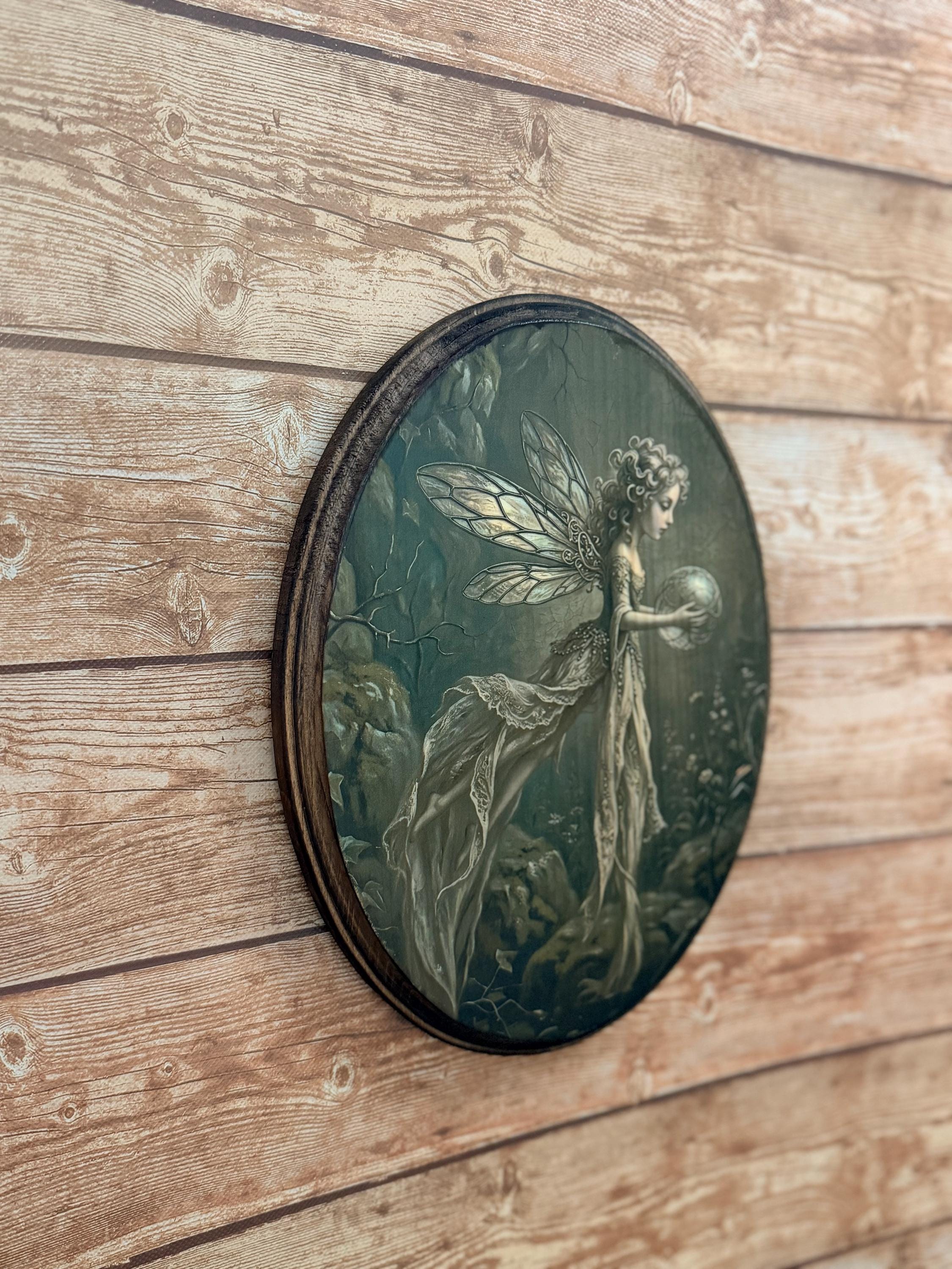 Magical Orb Fairy Vintage Style Art Wooden Wall Plaque Sign- Witch