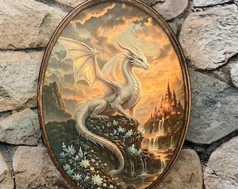 Victoriaans portret ijskristaldraak - vintage stijl dierenmuurkunst - houten decor plaquette - handgemaakte Cottagecore Goth Wall Art Draco