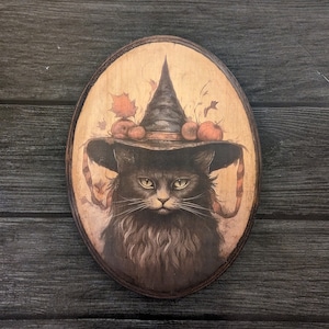 Arte de parede vintage de Halloween em madeira com gato preto de chapéu de bruxa - Arte de parede de bruxa - Placa de madeira feita à mão - Abóboras, folhagem de outono, estilo cottagecore