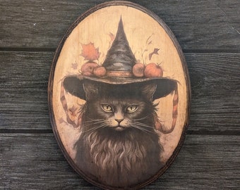 Vintage Black Cat in Witch Hat Halloween Wooden Wall Art - Witch Wall Art - Handmade Wood Plaque Sign - Pumpkins Fall Foliage Cottagecore