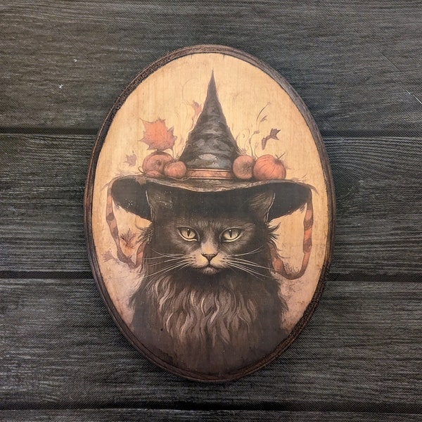 Vintage Black Cat in Witch Hat Halloween Wooden Wall Art - Witch Wall Art - Handmade Wood Plaque Sign - Pumpkins Fall Foliage Cottagecore