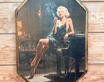 Vintage Piano Bar Painted Style Pin-Up Model Art - Wooden Sign Wall Plaque - Handmade wood ink transfer - Inspired by Marilyn Monroe