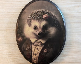 Miss Hedgehog Victorian Portrait - Vintage Style Animal Wall Art - Wooden Décor Plaque Sign - Handmade photo transfer