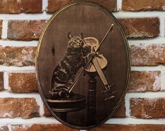 Cat Playing a Violin 1872 - Cat Photo Wall Art - Wood Plaque Sign Handmade photo transfer - Vintage style photo