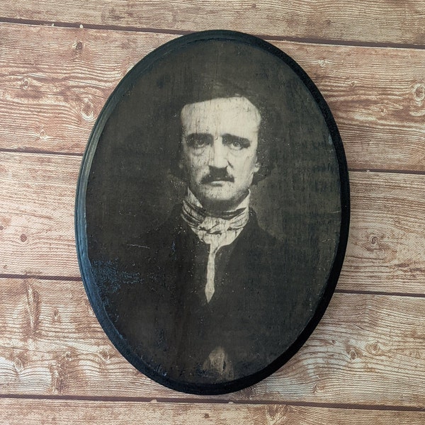 Edgar Allan Poe portret houten bord muur plaquette - Handgemaakte houtinkttransfer