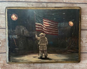 Moon Landing Victorian Style Portrait - Vintage Style Funny Wall Art - Wooden Decor Plaque Sign - Handmade photo transfer - Conspiracy Hoax