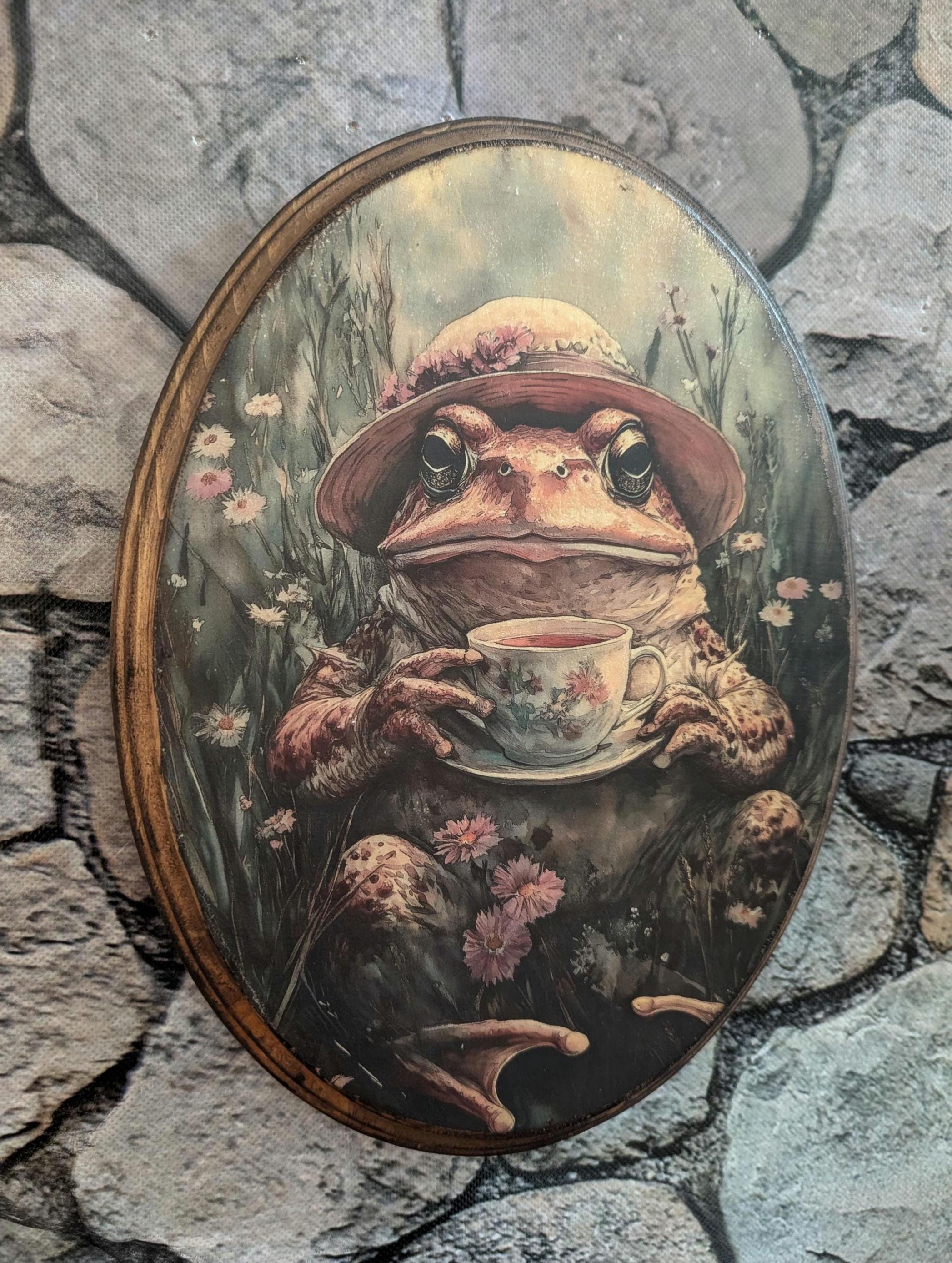 Tea Time Toad Victorian Wood Portrait - Vintage Style Tea Teacup