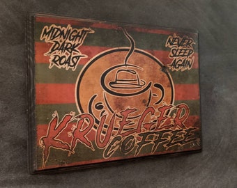 Krueger Coffee Träplakett - Nightmare on Elm Street Freddy Krueger-inspirerad träskylt - Handgjord träbläcköverföring