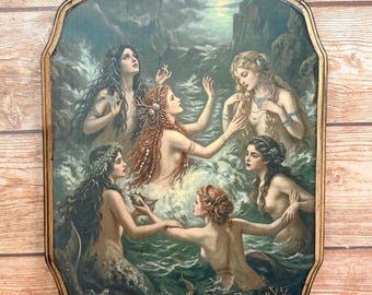 Circle of Mermaids - Wooden Wall Plaque Sign- Mythical Mermaid Wall Décor Art - Handmade Witch Wall Art - Victorian Mermaid Girl Style Art