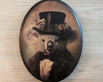 Mr Koala in Top Hat Victorian Portrait - Vintage Style Australian Animal Wall Art - Wooden Décor Plaque Sign - Handmade photo transfer