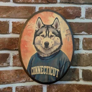Student Husky Dog Portrait Wooden Wall Art - Handmade Wood Plaque Sign - College Collegiate Gift Connecticut