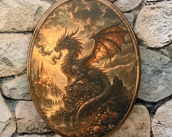 Vuurdraak Victoriaans portret - vintage stijl dierenmuurkunst - houten decor plaquette - handgemaakte Cottagecore Goth Wall Art Draco
