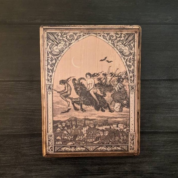 Witches Flying on Goats and Brooms - La Vie Execrable de Guillemette Babin Sorciere by Maurice Garcon- Wood Plaque Handmade Witch Wall Art