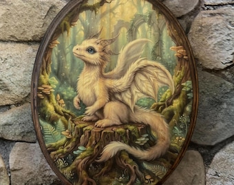 Baby Dragon Victorian Portrait - Vintage Style Animal Wall Art - Wooden Decor Plaque Sign - Handmade Cottagecore Goth Wall Art Draco