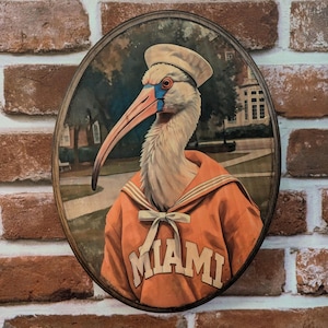 Studenten Ibis Portrait Holzwandkunst - Handgemachtes Holzschild Zeichen - College Collegiate Geschenk Miami