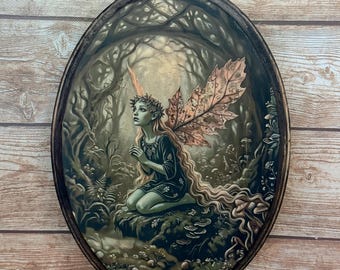 Houtfee vintage stijl kunst houten muurplaquette - heksenfee muurdecoratie kunst - handgemaakte houten muurkunst bos